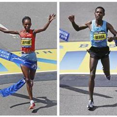 Rita Jeptoo, of Kenya, left, and Lelisa Desisa, of Ethiopia, right, crossing the finish line at the 2013 Boston Marathon